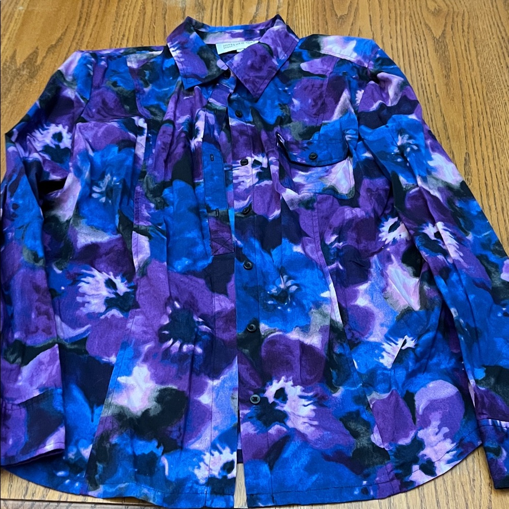Jones New York Purple, Pink, and Blue Floral Button Down 100% Cotton Blouse XL
